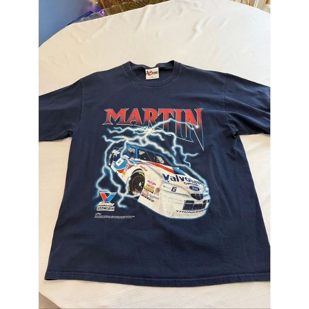 Nutmeg Chase Authentics Mark Martin NASCAR VTG 90s Navy Blue AOP T-Shirt Size XL